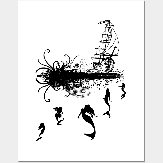 Mermaids swimming towards a pirate ship Wall Art by KwaaiKraai